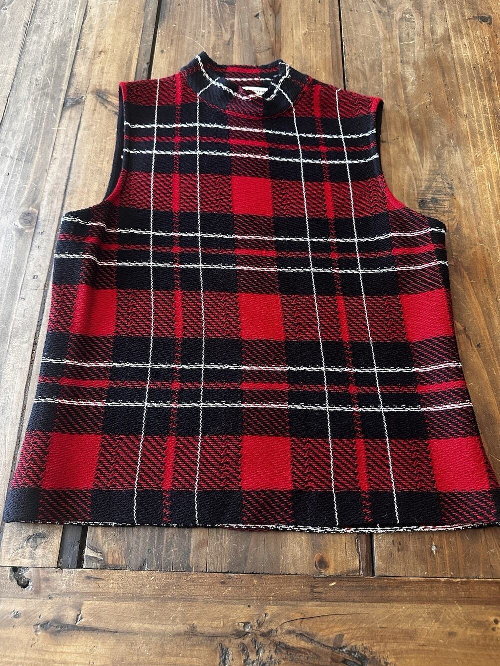 St John Size 4 Knit Sweater Tank Top High Neck Zip Plaid Preppy St. John